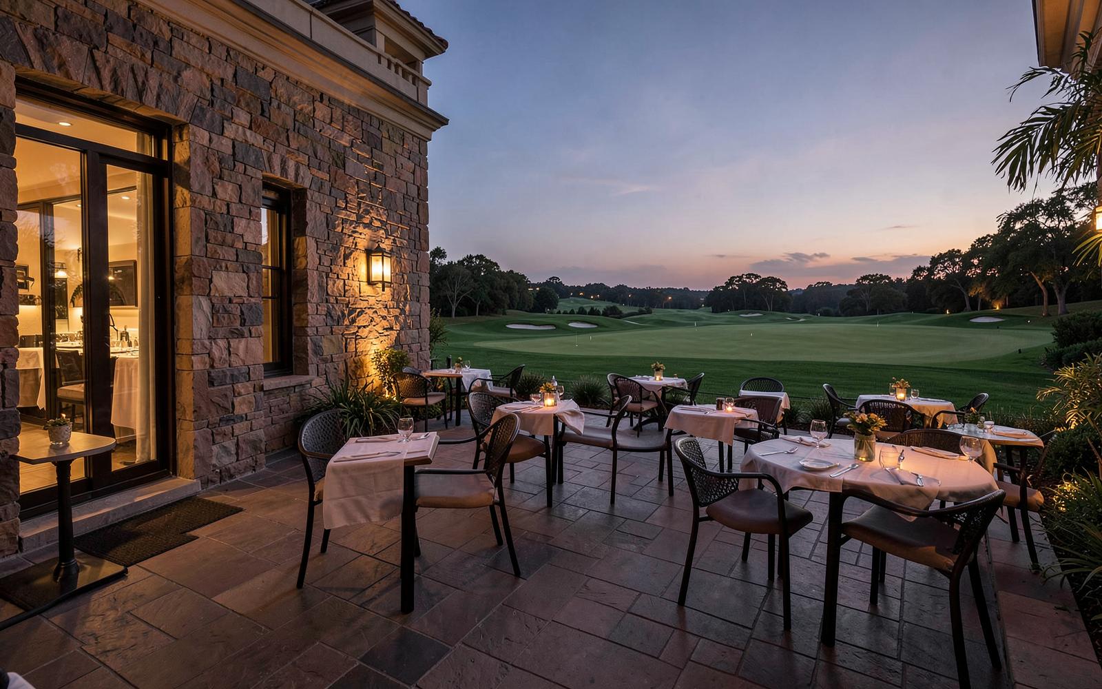 Candlelit clubhouse terrace overlooking the course at dusk