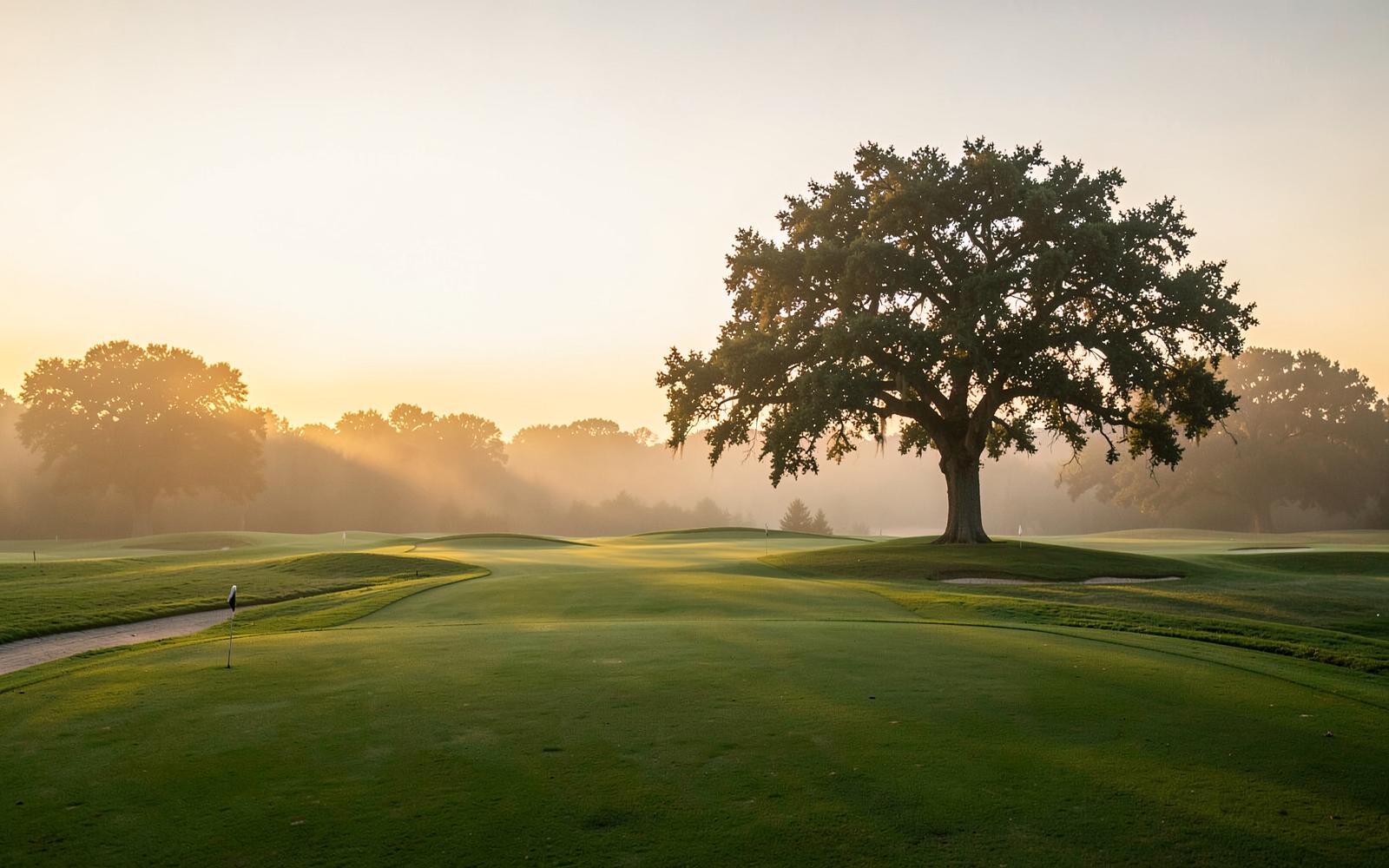 Morning light falling across the golf course and a mature oak