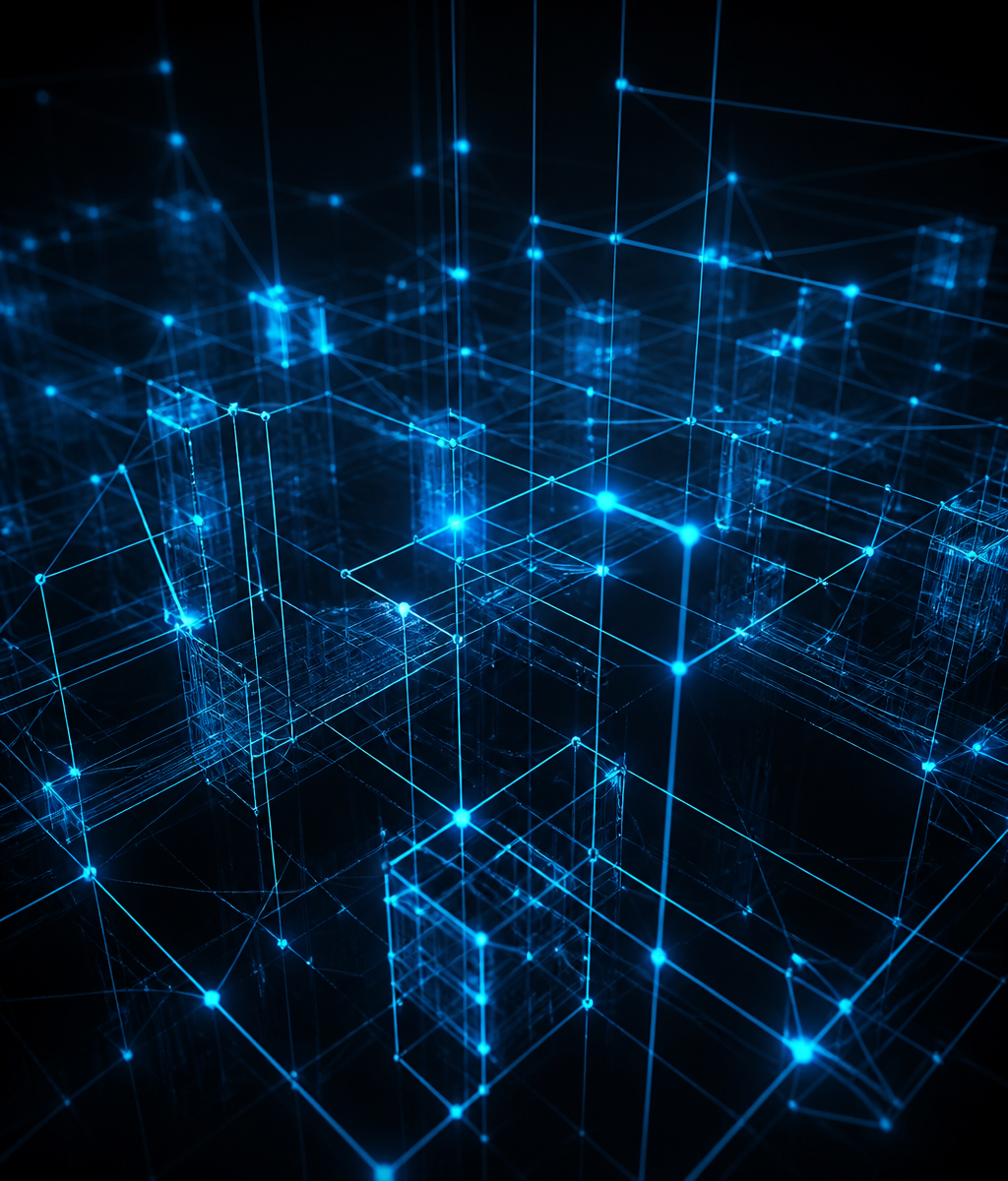 Abstract 3D architectural wireframe of a digital network
