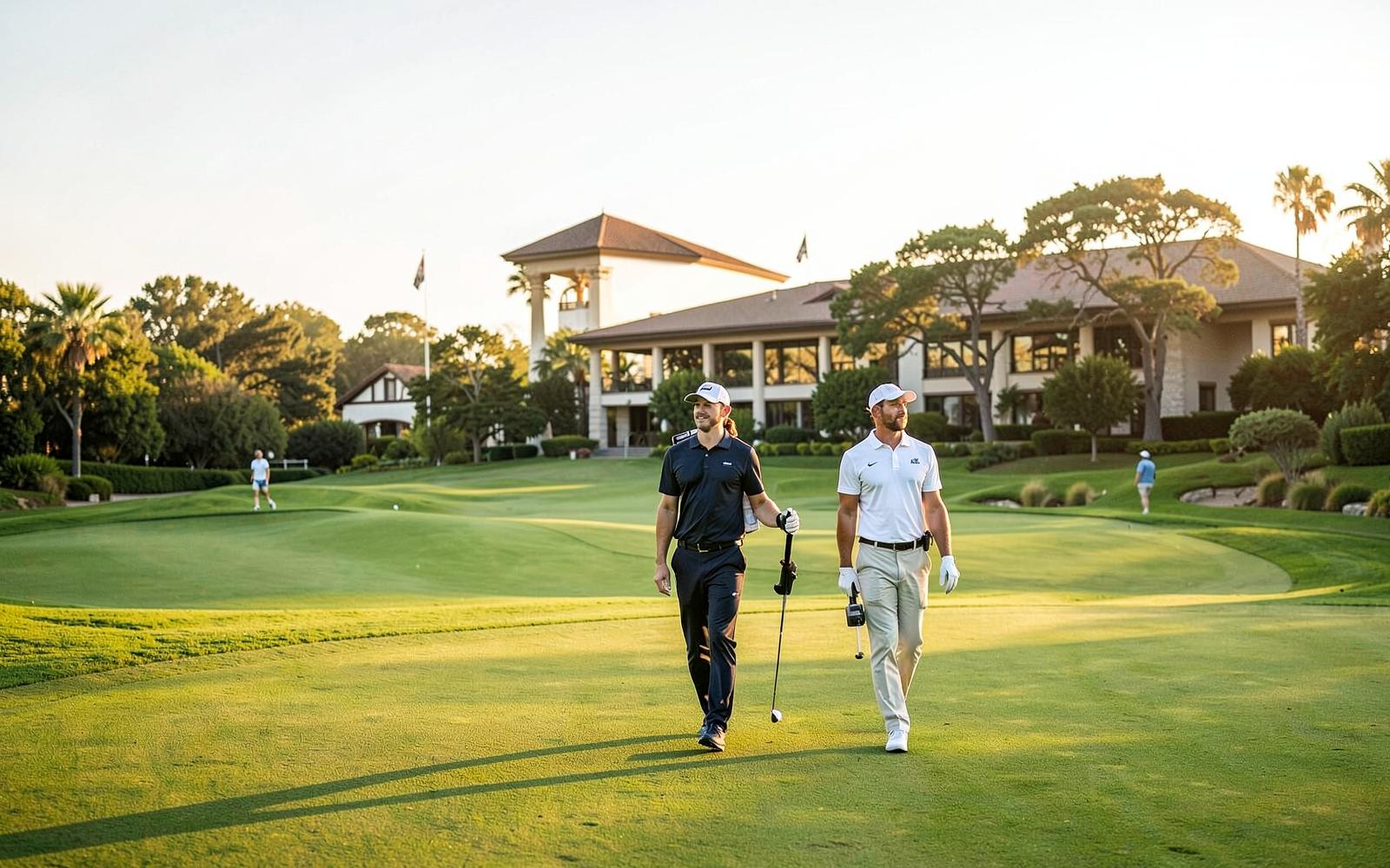 Two members walking the fairway near the clubhouse